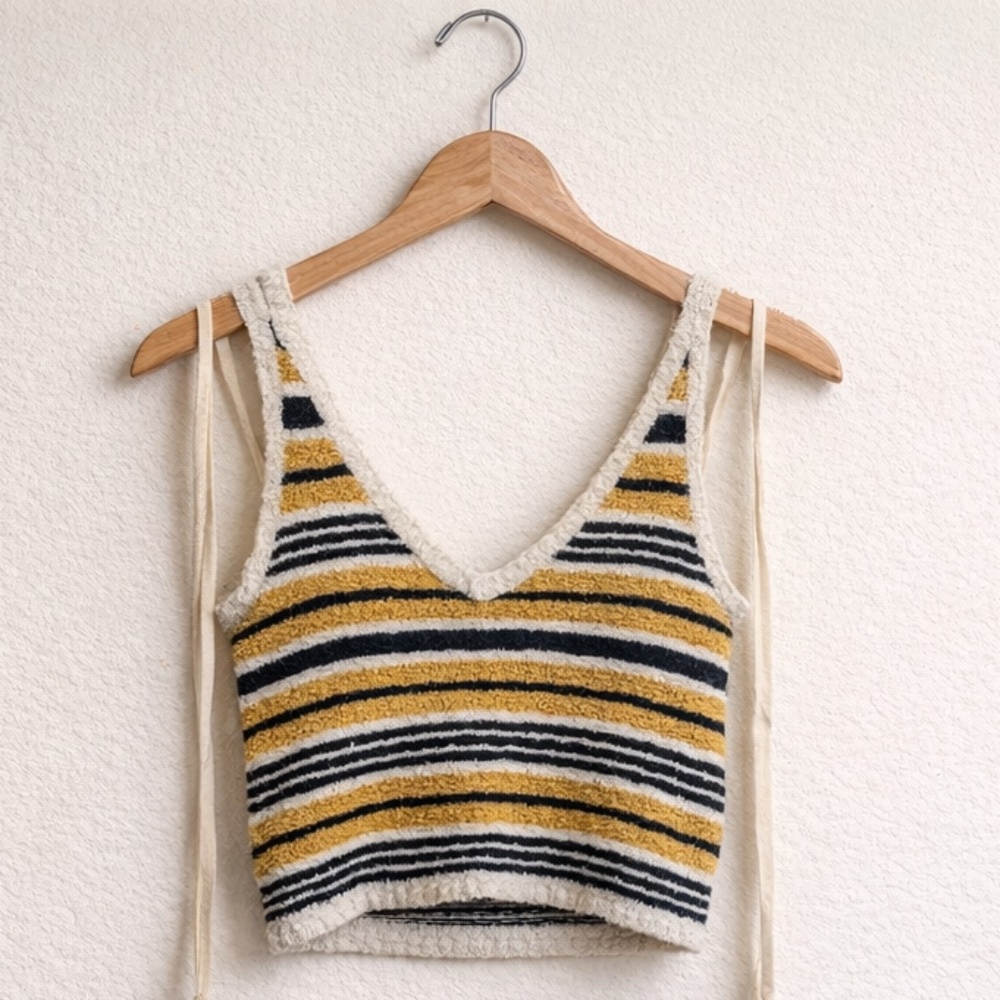 Boho Striped Knit Tank Top | Tie Strap Crop | Mustard Black Cream